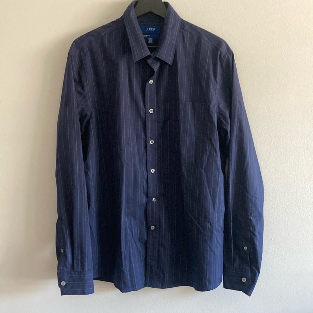 APT 9 Mne’s Flex Pinstripee Navy Button Down Long Sleeve Shirt Slim Sz L